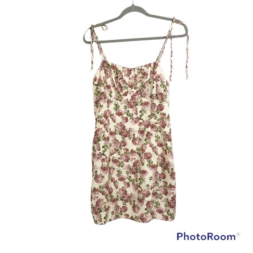 Nasty Gal rose floral print mini dress self tie spaghetti straps size 10